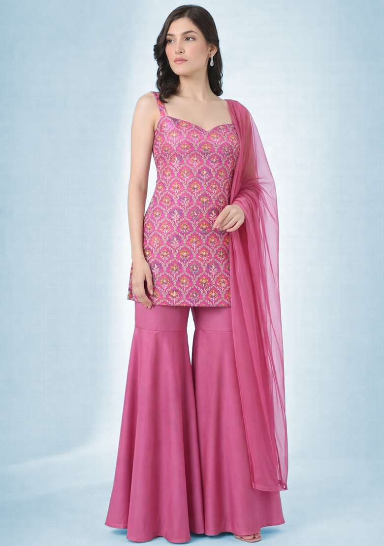 Pink Zari Satin Sharara Set - Indya