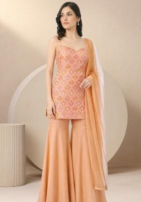 Peach Zari Satin Sharara Set