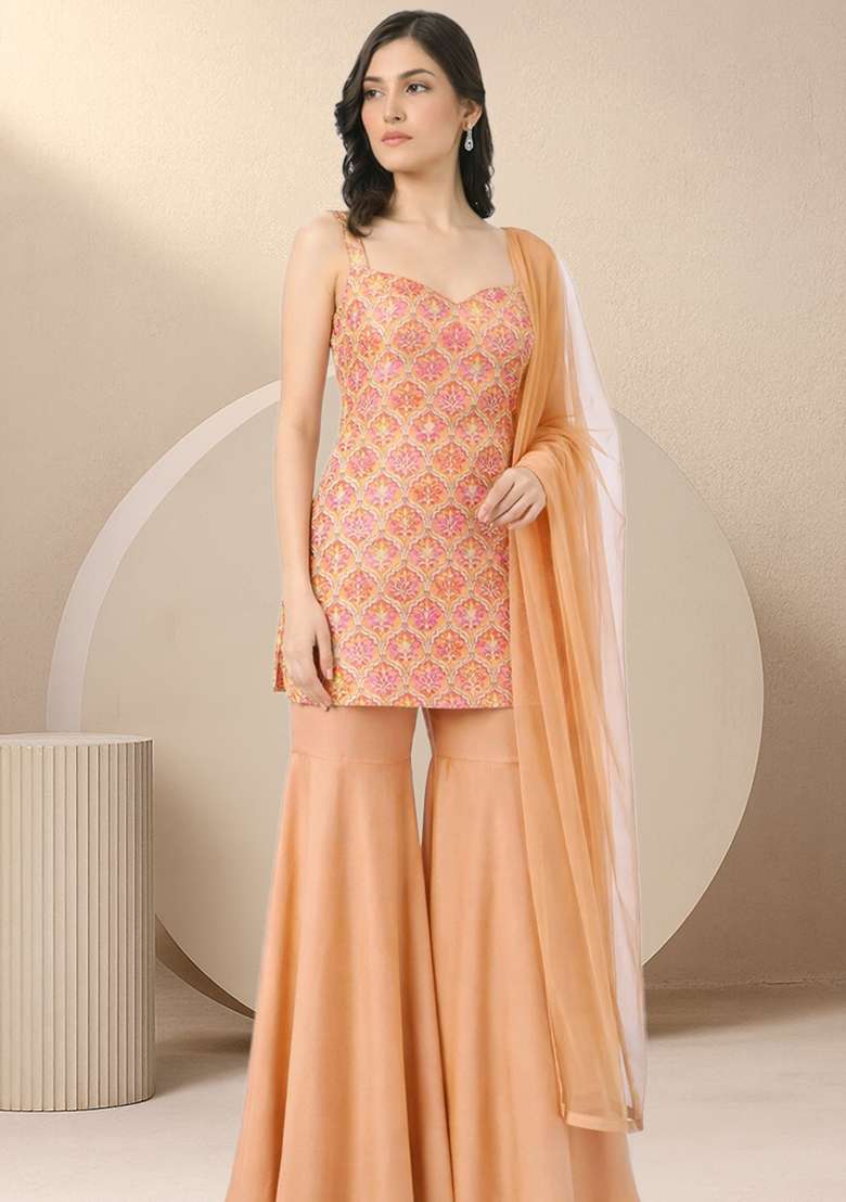 Peach Zari Satin Sharara Set - Indya
