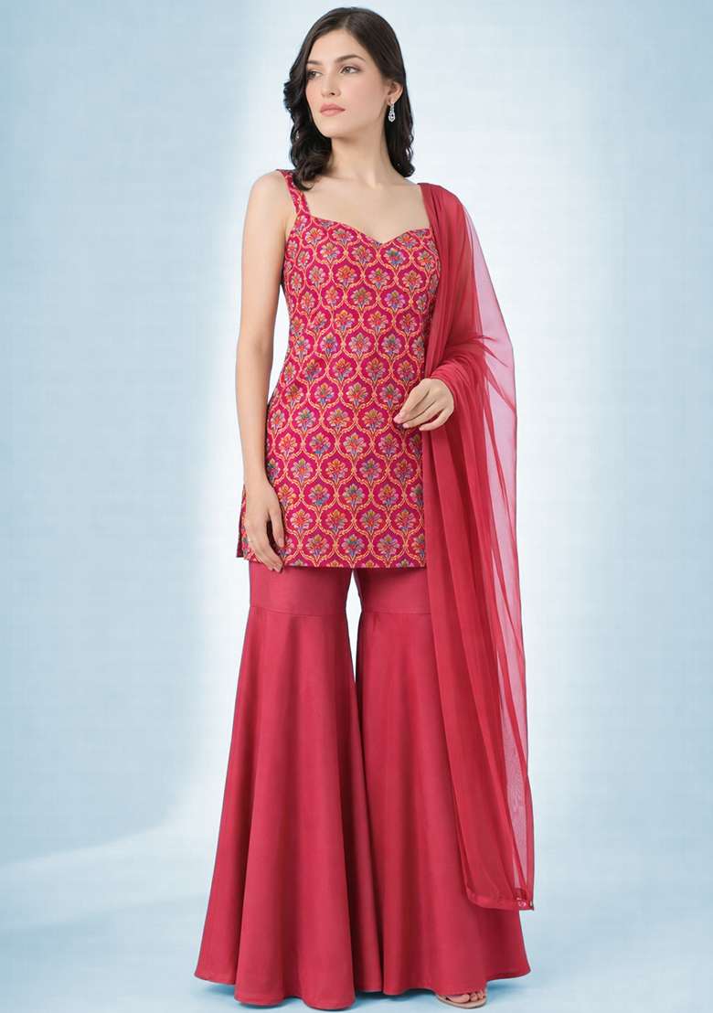 Rani Pink Zari Satin Sharara Set - Indya