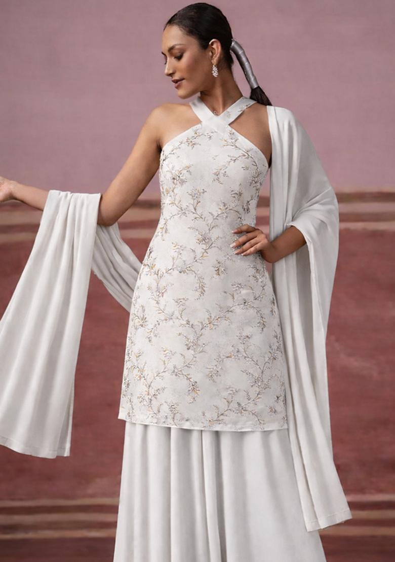 Ivory Embroidered Tissue Sharara Set - Indya