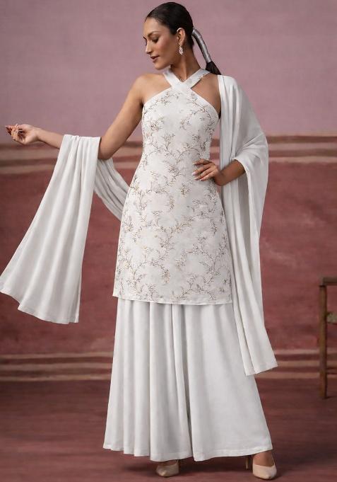 Ivory Embroidered Tissue Sharara Set