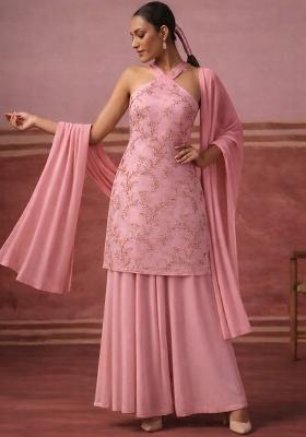 Soft Pink Embroidered Tissue Sharara Set