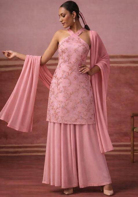 Soft Pink Embroidered Tissue Sharara Set