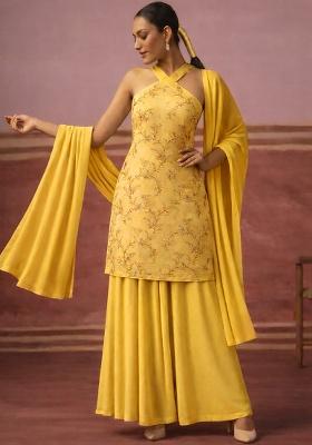 Yellow Embroidered Tissue Sharara Set