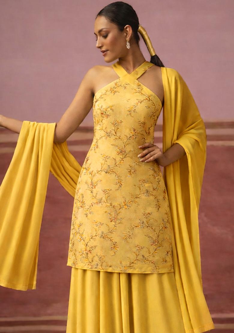 Yellow Embroidered Tissue Sharara Set - Indya