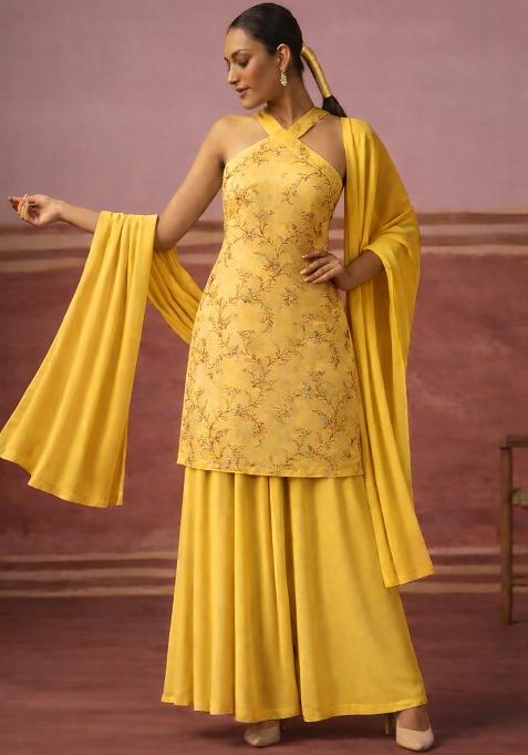 Yellow Embroidered Tissue Sharara Set