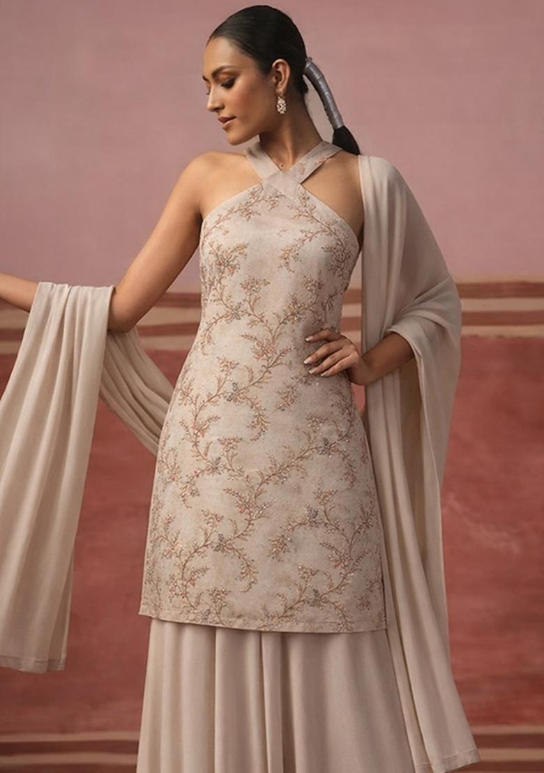 Beige Embroidered Tissue Sharara Set - Indya