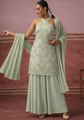 Mint Green Embroidered Tissue Sharara Set