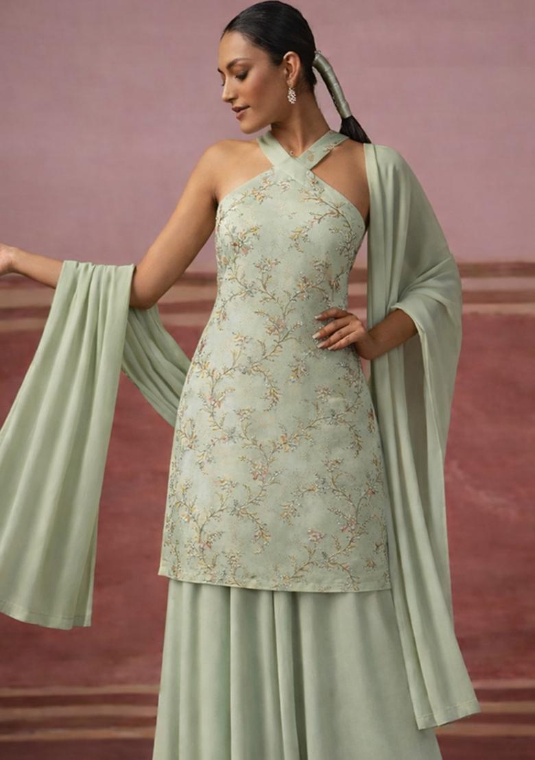 Mint Green Embroidered Tissue Sharara Set - Indya