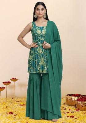 Emerald Green Zari Satin Sharara Set