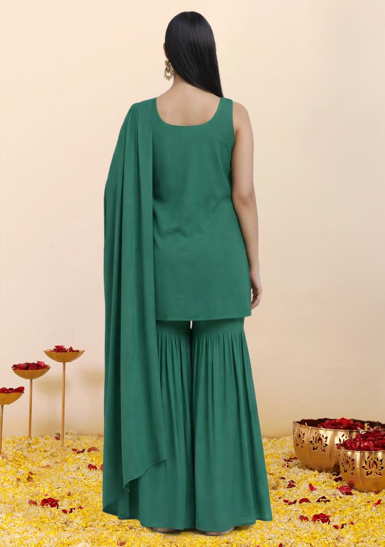 Emerald Green Zari Satin Sharara Set - Indya