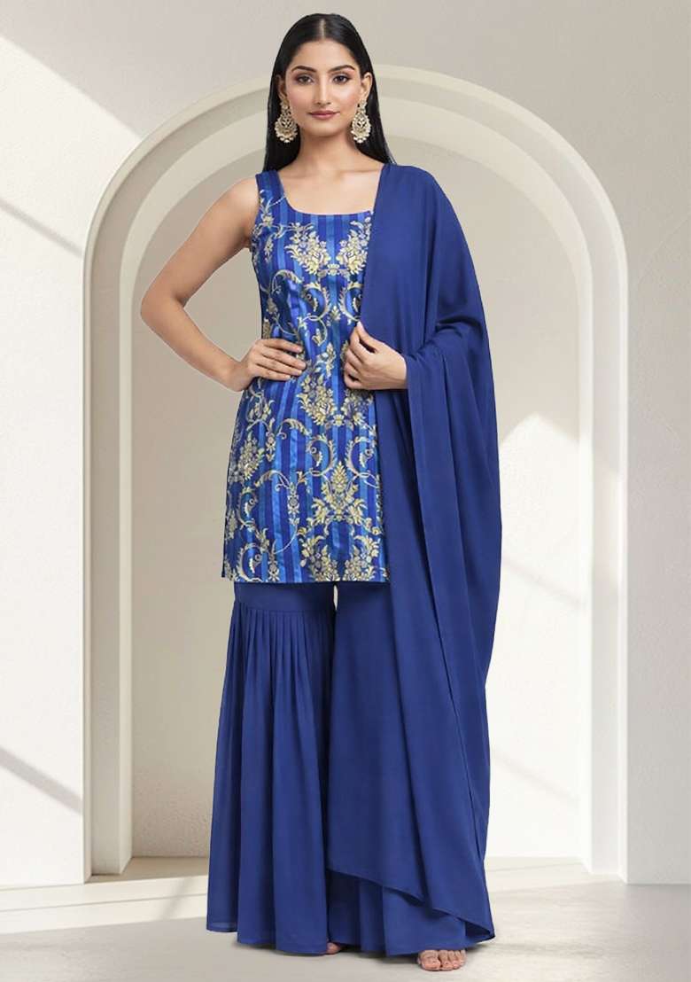 Royal Blue Zari Satin Sharara Set - Indya