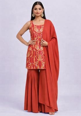 Rust Zari Satin Sharara Set