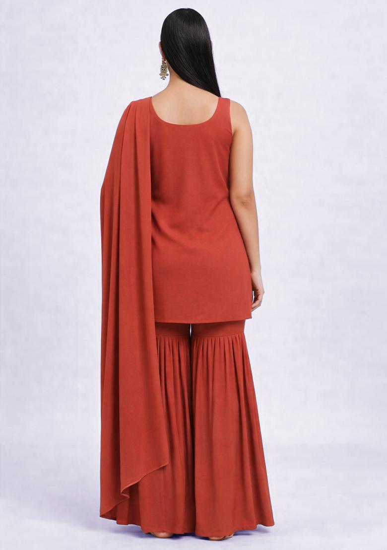 Rust Zari Satin Sharara Set - Indya