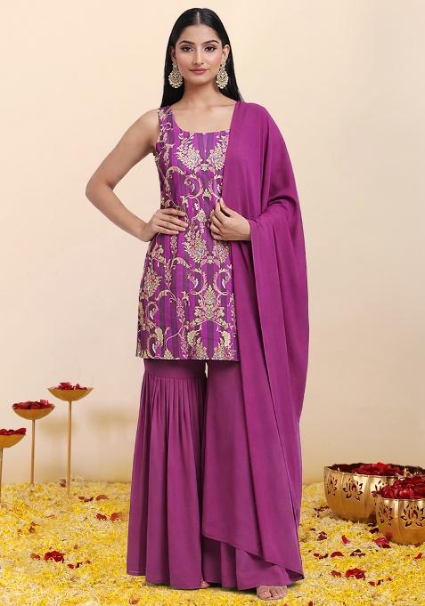 Purple Zari Satin Sharara Set