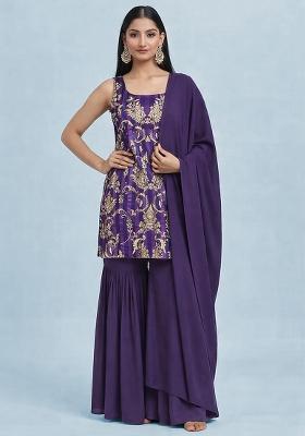 Deep Purple Zari Satin Sharara Set