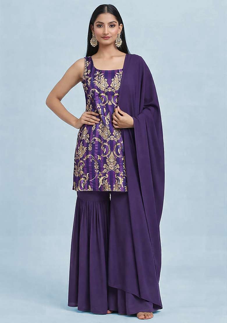 Deep Purple Zari Satin Sharara Set - Indya