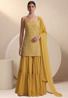 Mustard Sequin Silk Sharara Set