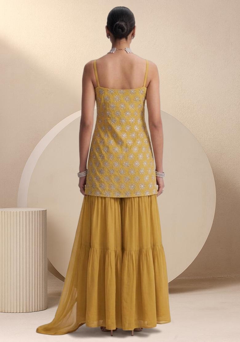 Mustard Sequin Silk Sharara Set - Indya