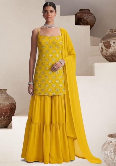 Yellow Sequin Silk Sharara Set