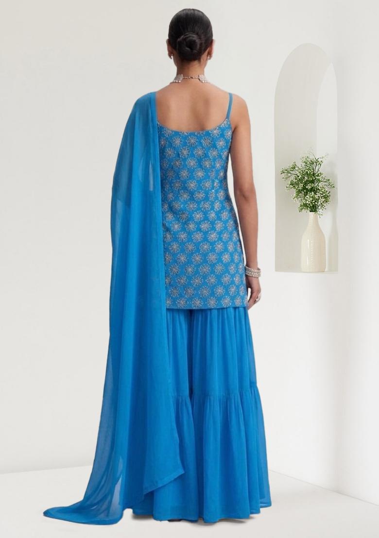 Teal Blue Sequin Silk Sharara Set - Indya