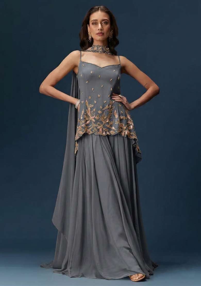 Grey Georgette Handwork Sharara Set - Indya