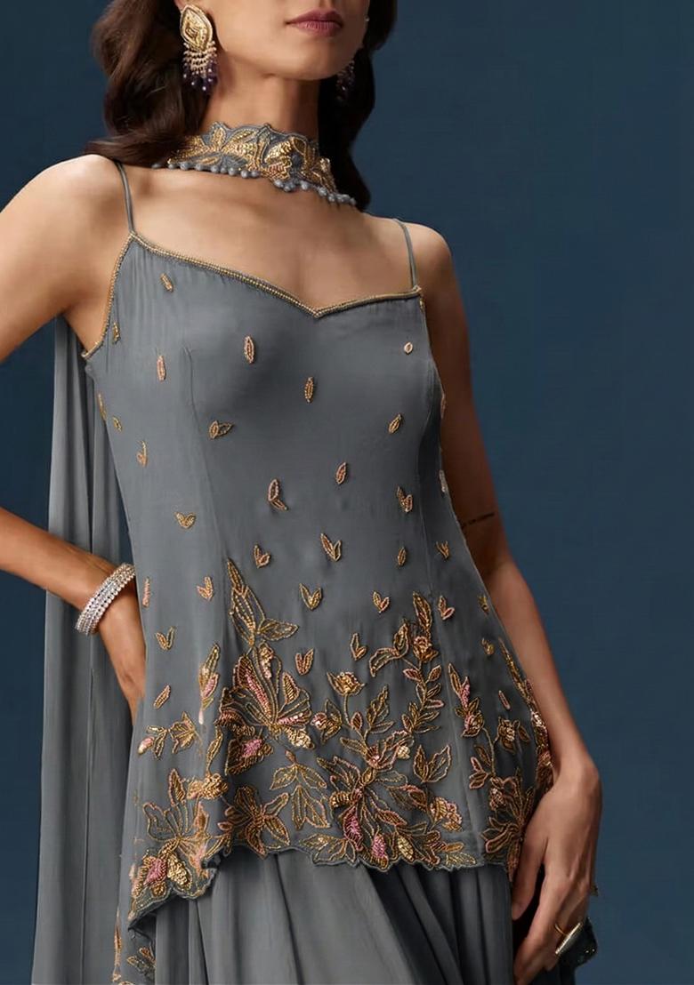 Grey Georgette Handwork Sharara Set - Indya