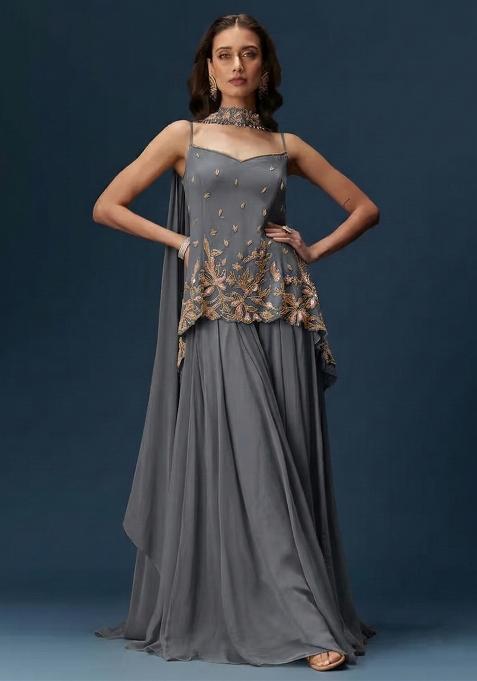 Grey Georgette Handwork Sharara Set