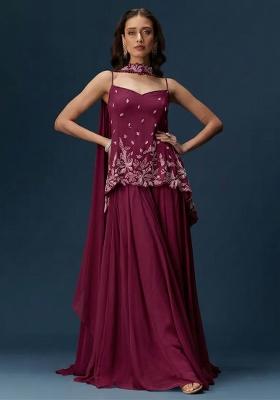 Wine Georgette Handwork Sharara Set
