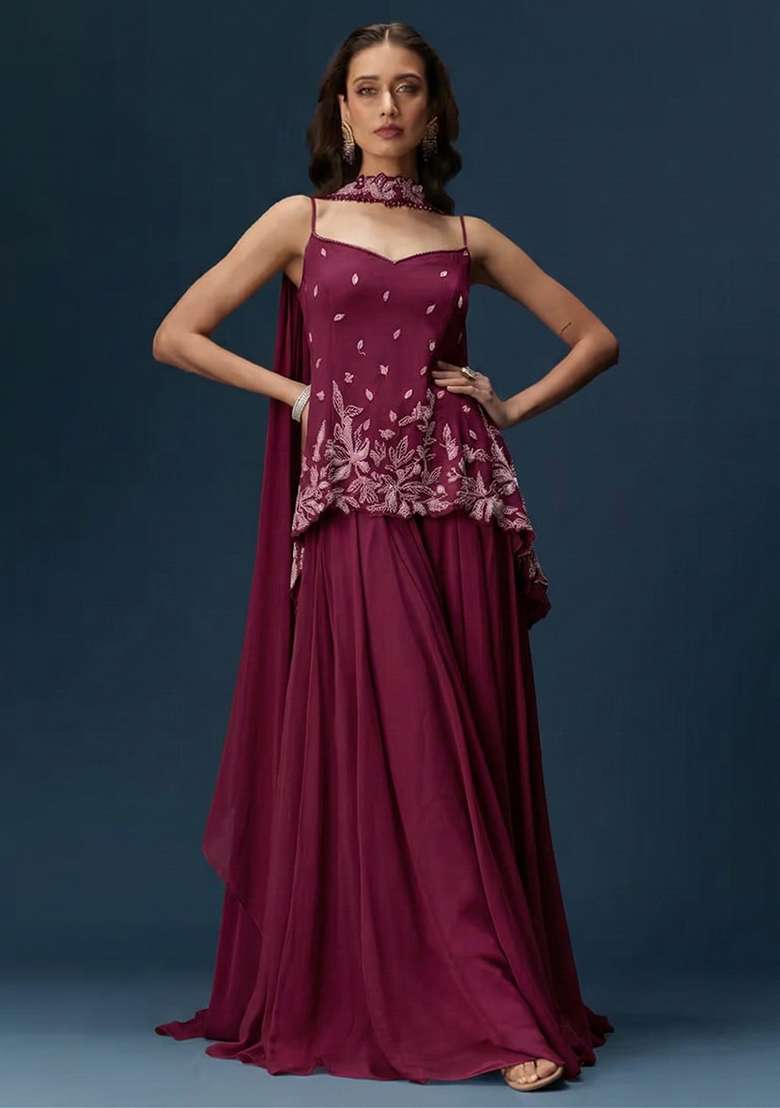 Wine Georgette Handwork Sharara Set - Indya