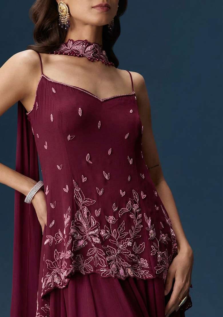 Wine Georgette Handwork Sharara Set - Indya