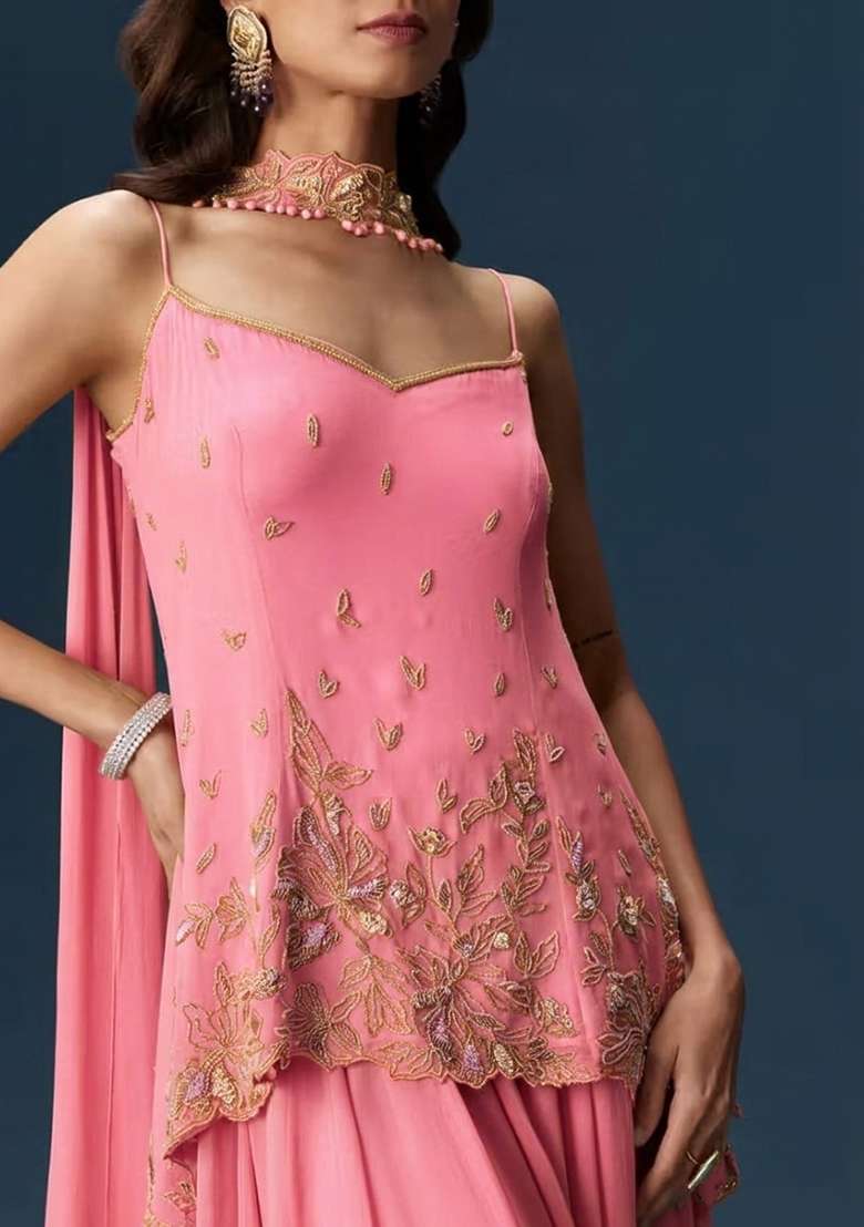 Pink Georgette Handwork Sharara Set - Indya