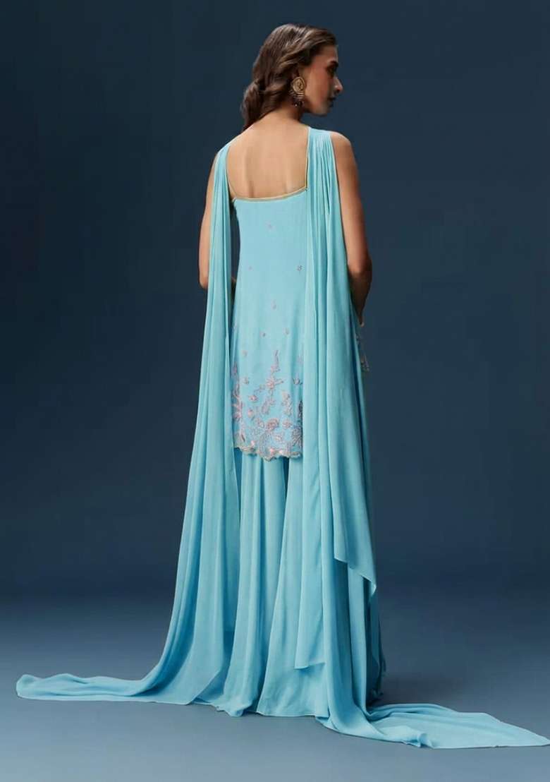 Light Blue Georgette Handwork Sharara Set - Indya