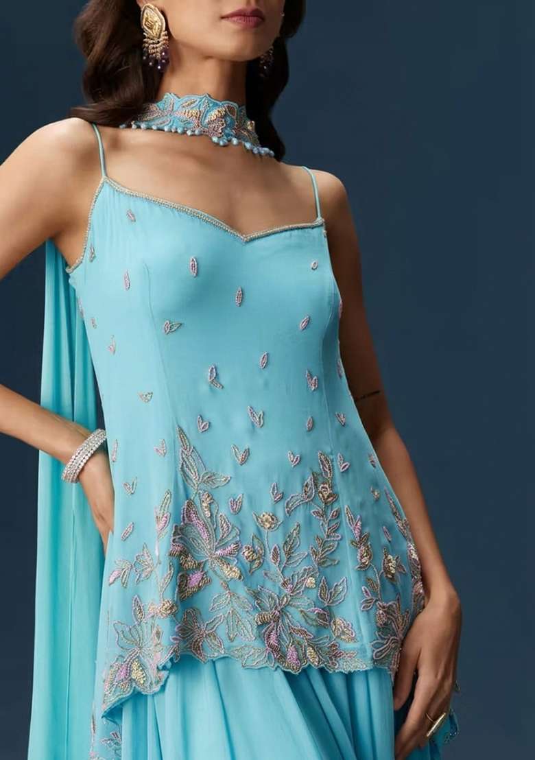 Light Blue Georgette Handwork Sharara Set - Indya