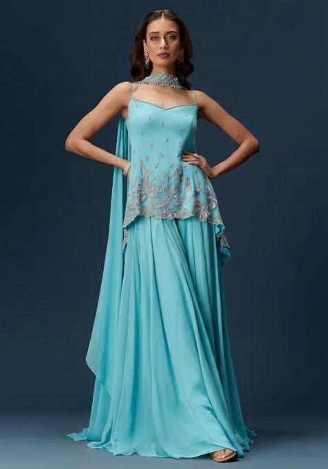 Light Blue Georgette Handwork Sharara Set