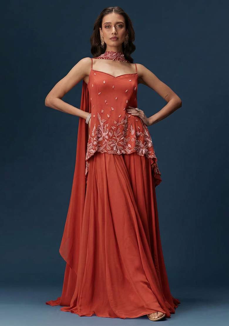 Vermilion&nbsp;Brown Georgette Handwork Sharara Set - Indya