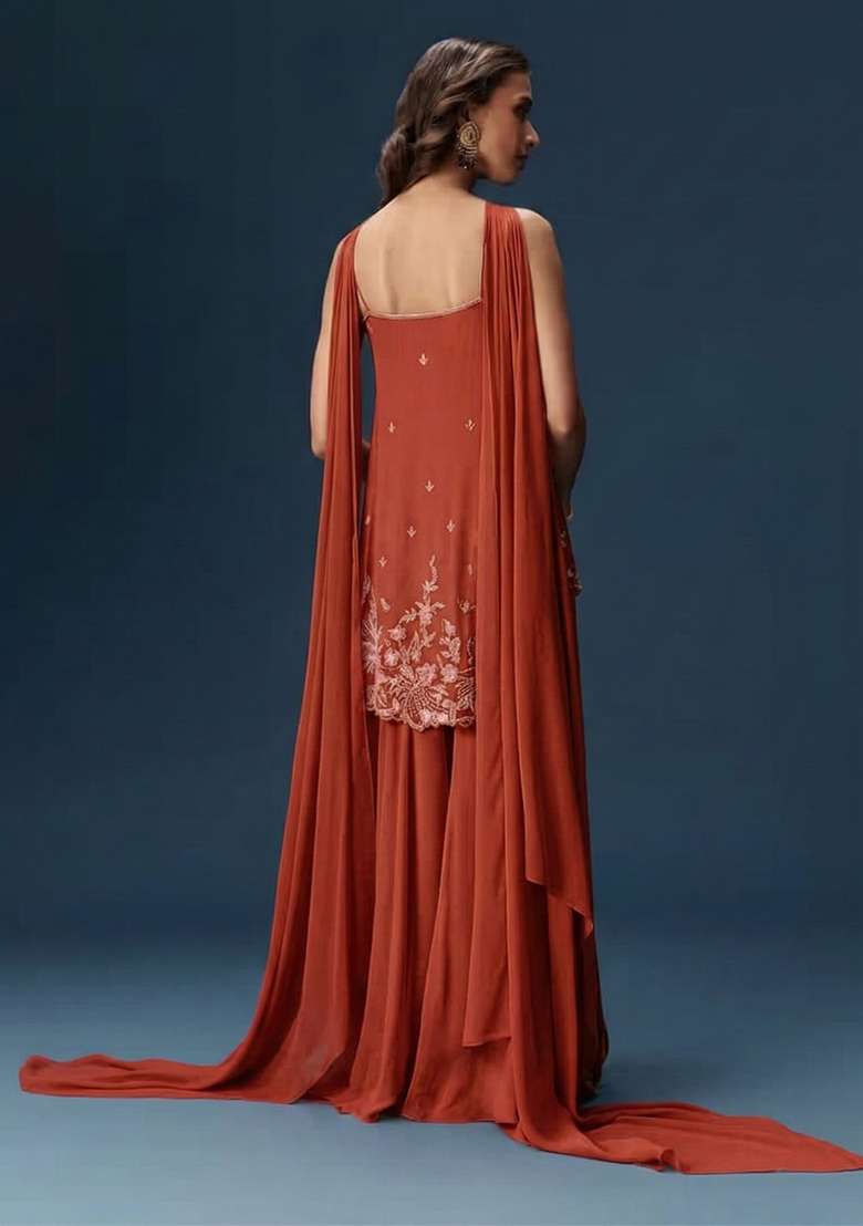 Vermilion&nbsp;Brown Georgette Handwork Sharara Set - Indya