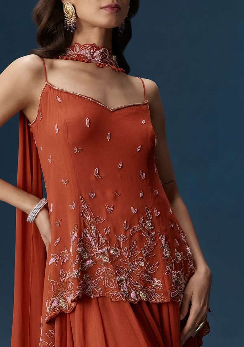 Vermilion&nbsp;Brown Georgette Handwork Sharara Set - Indya
