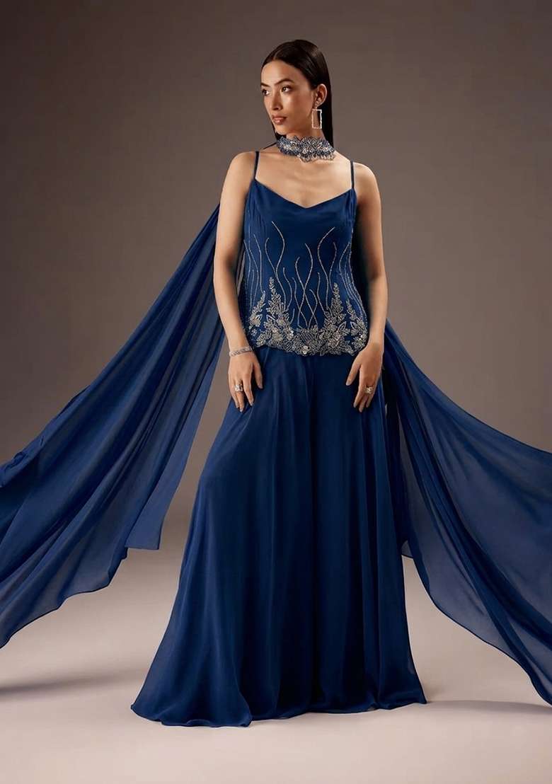 Midnight Blue Georgette Handwork Fusion Set - Indya