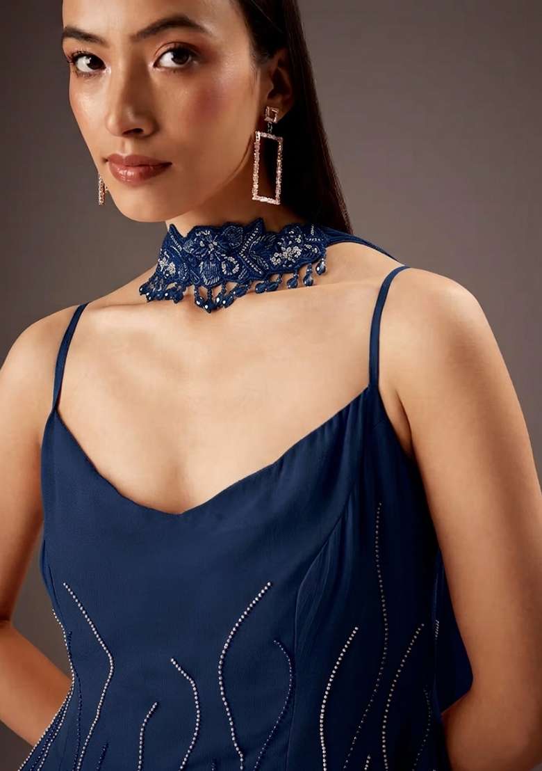 Midnight Blue Georgette Handwork Fusion Set - Indya