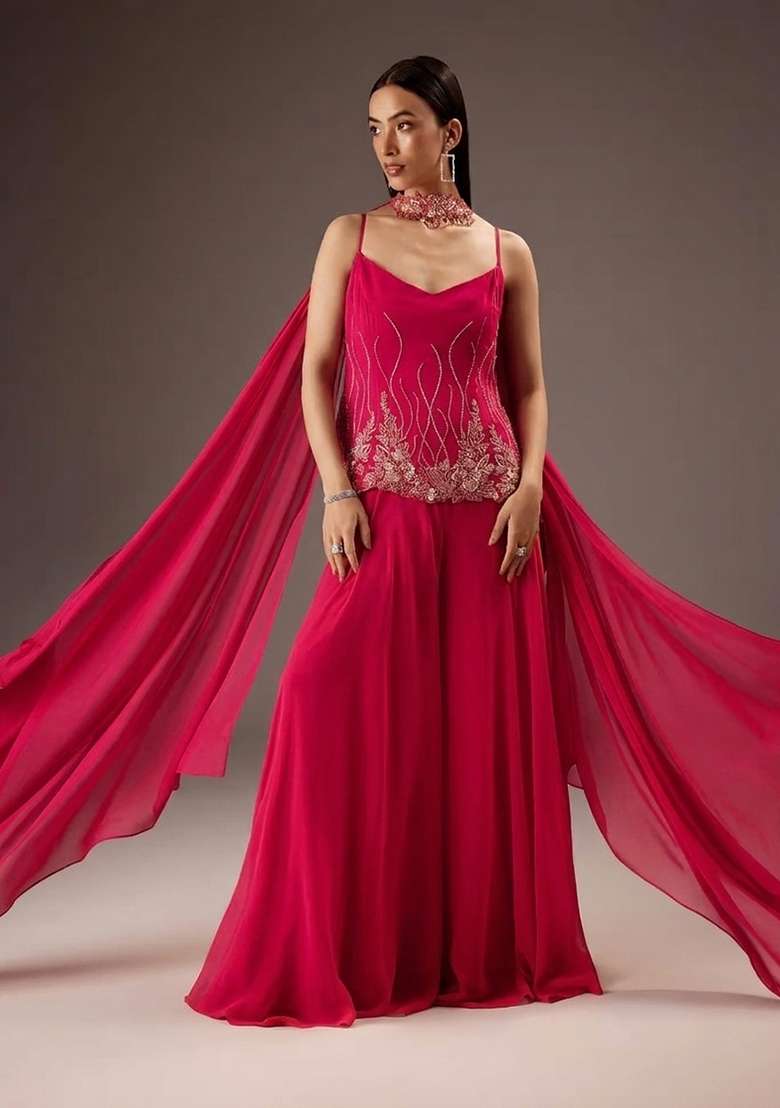 Rani Pink Georgette Handwork Fusion Set - Indya