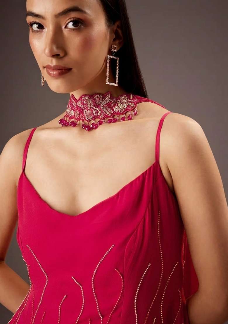 Rani Pink Georgette Handwork Fusion Set - Indya