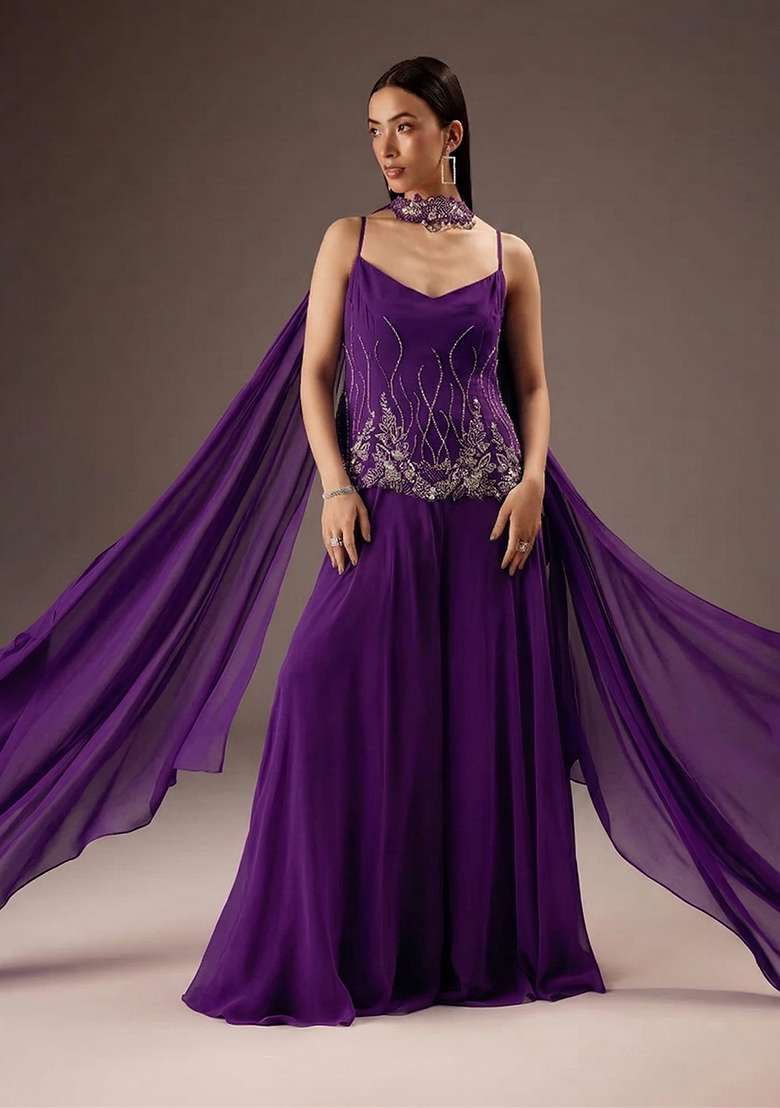 Purple Georgette Handwork Fusion Set - Indya