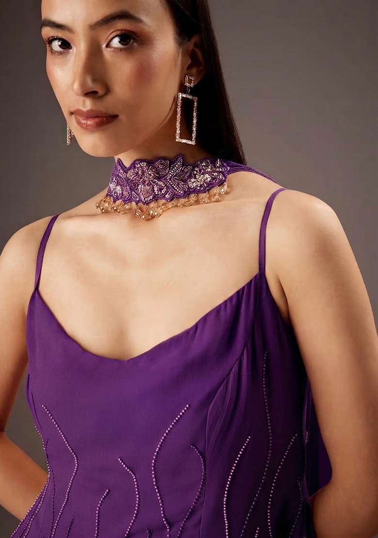 Purple Georgette Handwork Fusion Set - Indya