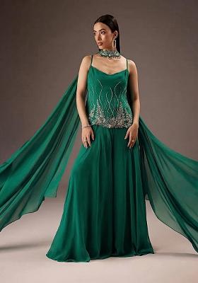 Emerald&nbsp;Green Georgette Handwork Fusion Set