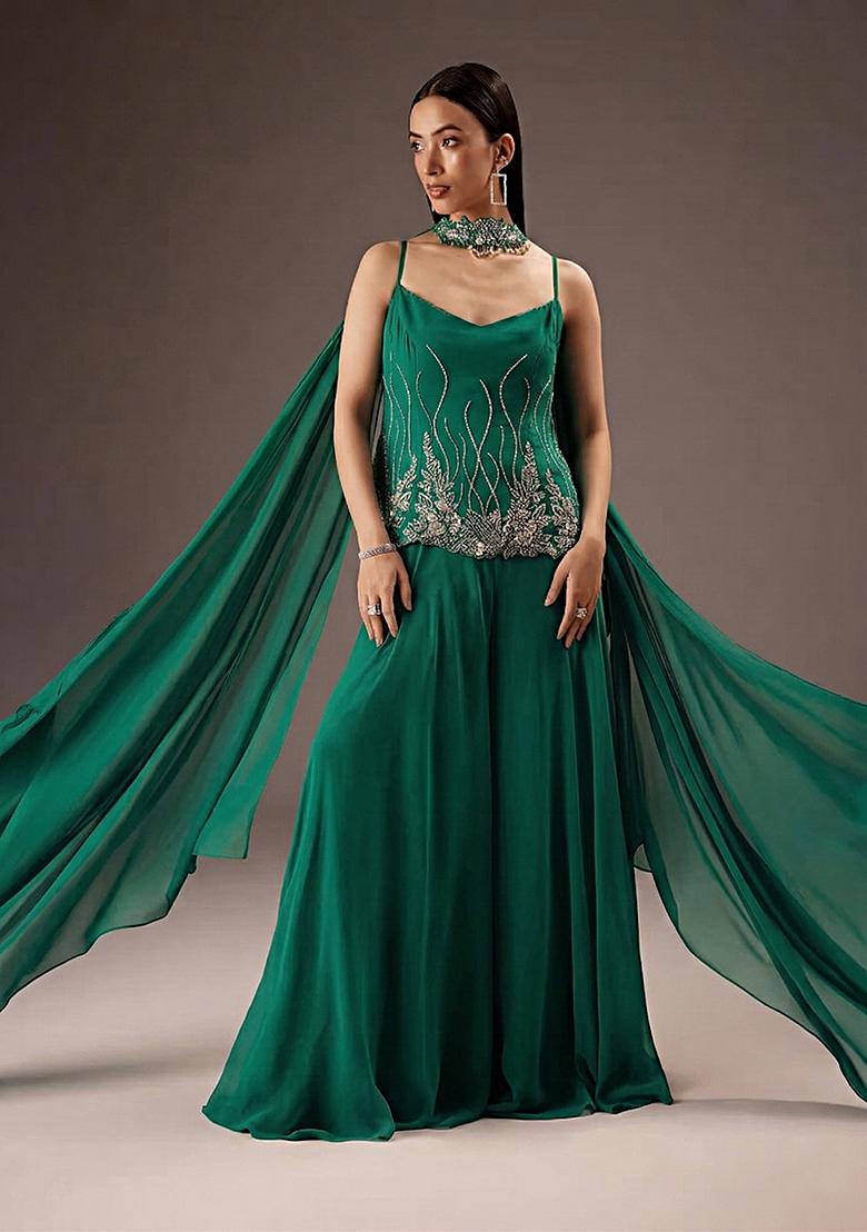 Emerald&nbsp;Green Georgette Handwork Fusion Set - Indya