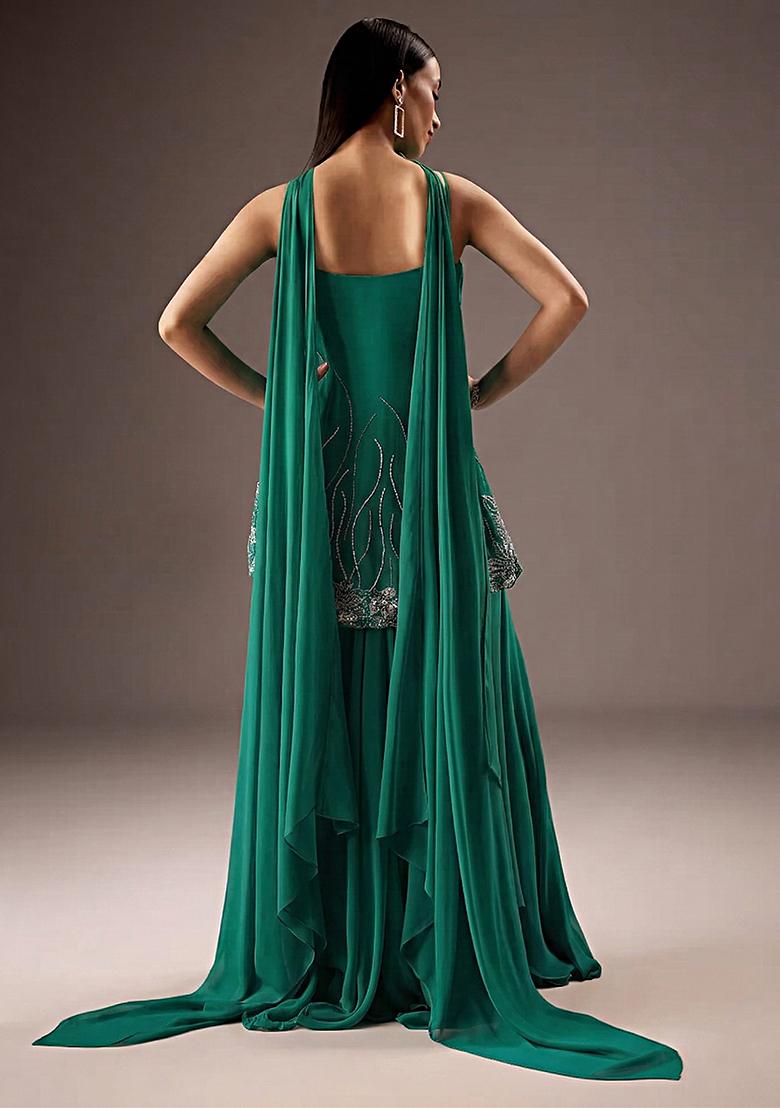 Emerald&nbsp;Green Georgette Handwork Fusion Set - Indya