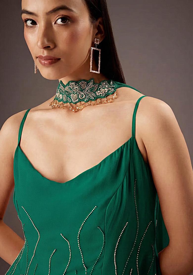 Emerald&nbsp;Green Georgette Handwork Fusion Set - Indya