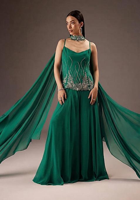 Emerald Green Georgette Handwork Fusion Set